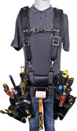 Leather Tool Belt with Suspender Detachable D-Loop Adjustable Padded Suspender Full Grain Leather Work Belt for Construction, Carpenters, Electricians, Farming Oil Tanned
