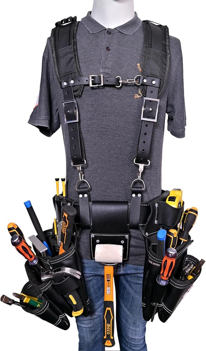 Leather Tool Belt with Suspender Detachable D-Loop Adjustable Padded Suspender Full Grain Leather Work Belt for Construction, Carpenters, Electricians, Farming Oil Tanned