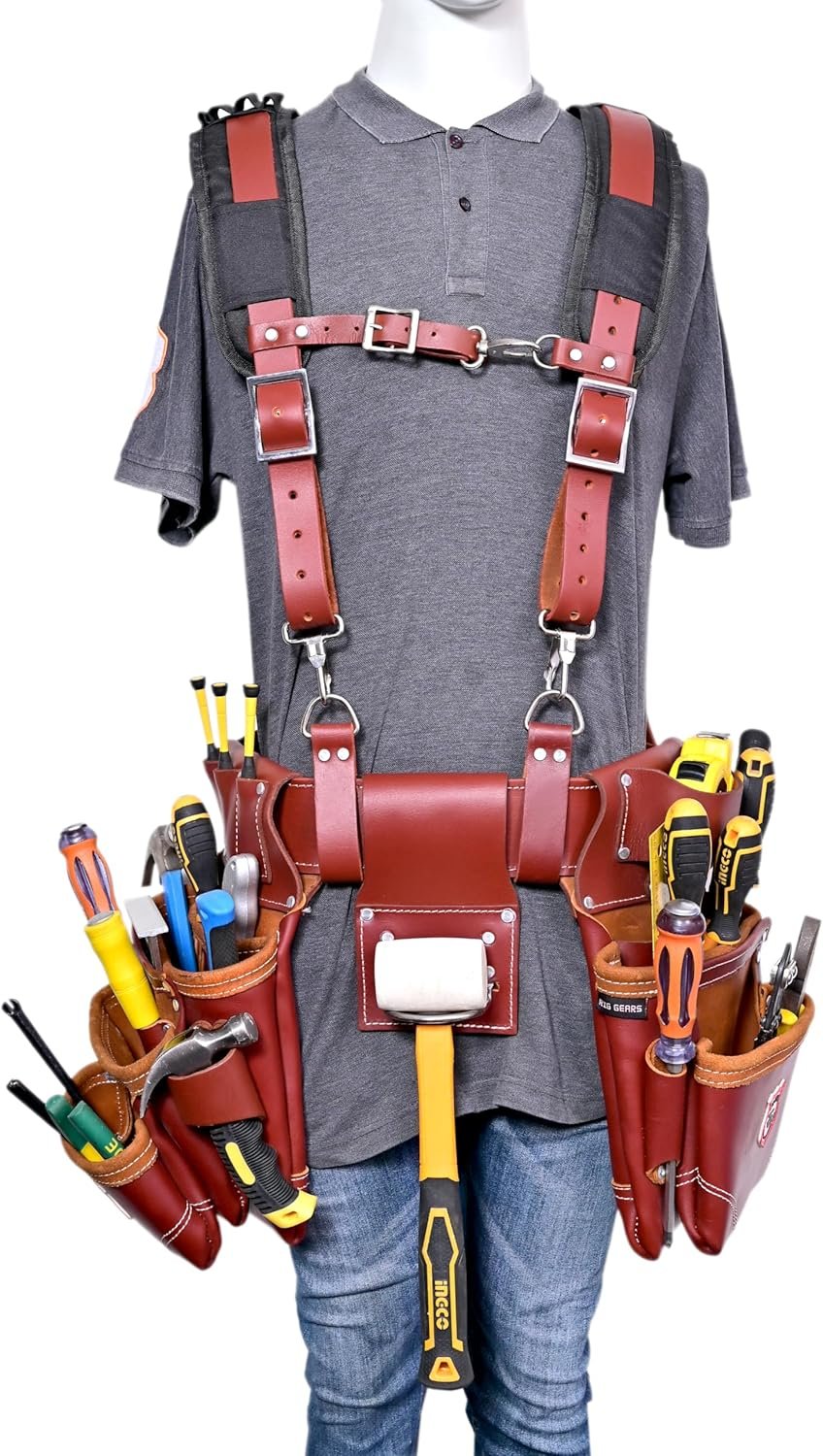 Leather Tool Belt with Suspender Detachable D-Loop Adjustable Padded Suspender Full Grain Oil Tanned Leather Work Belt for Construction, Carpenters, Electricians, Farming