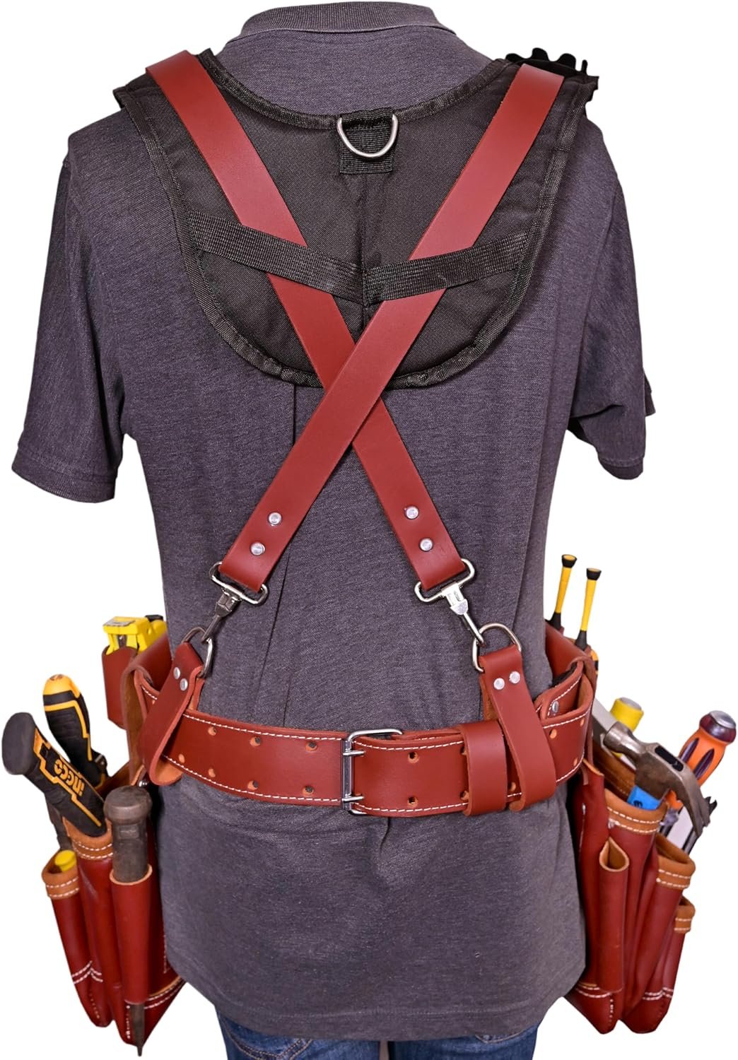 Leather Tool Belt with Suspender Detachable D-Loop Adjustable Padded Suspender Full Grain Oil Tanned Leather Work Belt for Construction, Carpenters, Electricians, Farming - Image 4