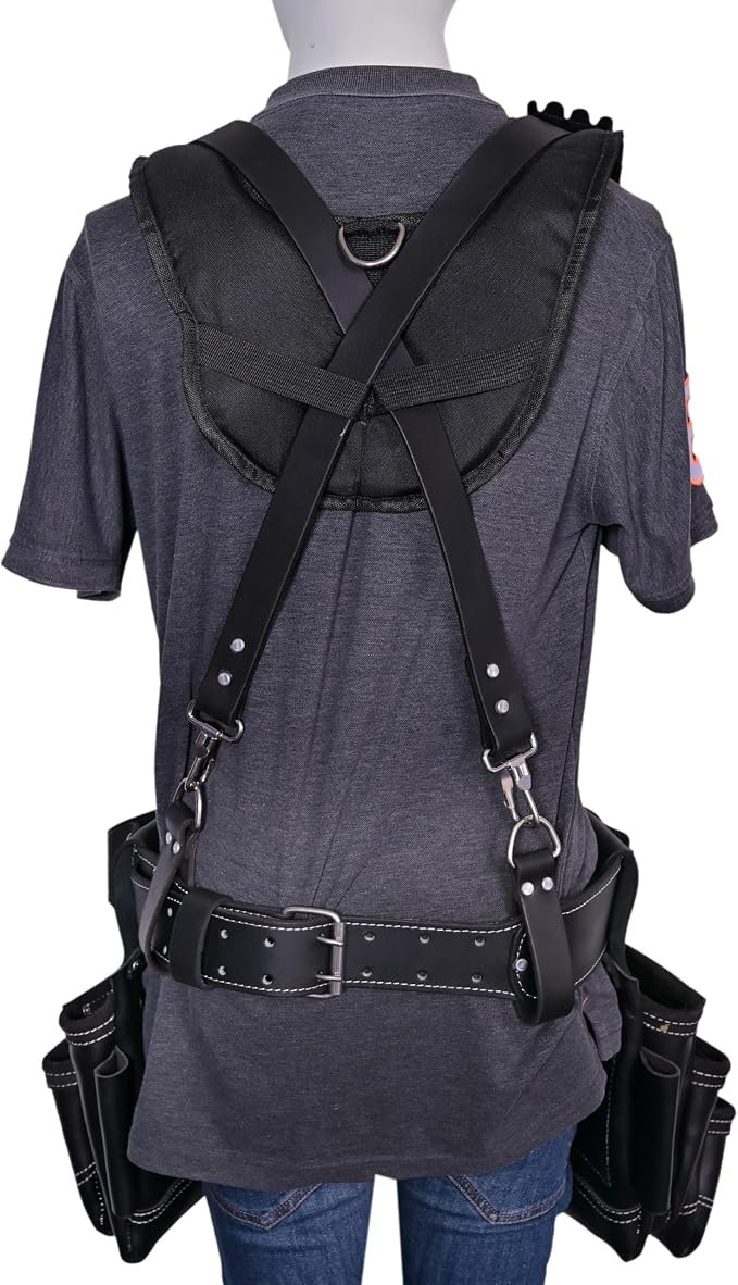 Leather Tool Belt with Suspender Detachable D-Loop Adjustable Padded Suspender Full Grain Leather Work Belt for Construction, Carpenters, Electricians, Farming Oil Tanned - Image 2