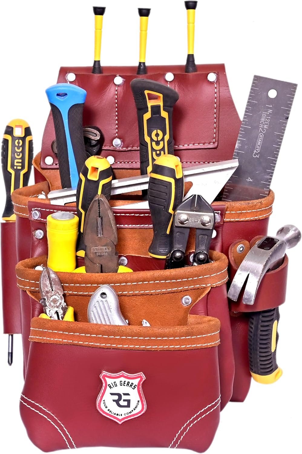 Leather Tool Belt with Suspender Detachable D-Loop Adjustable Padded Suspender Full Grain Oil Tanned Leather Work Belt for Construction, Carpenters, Electricians, Farming - Image 5