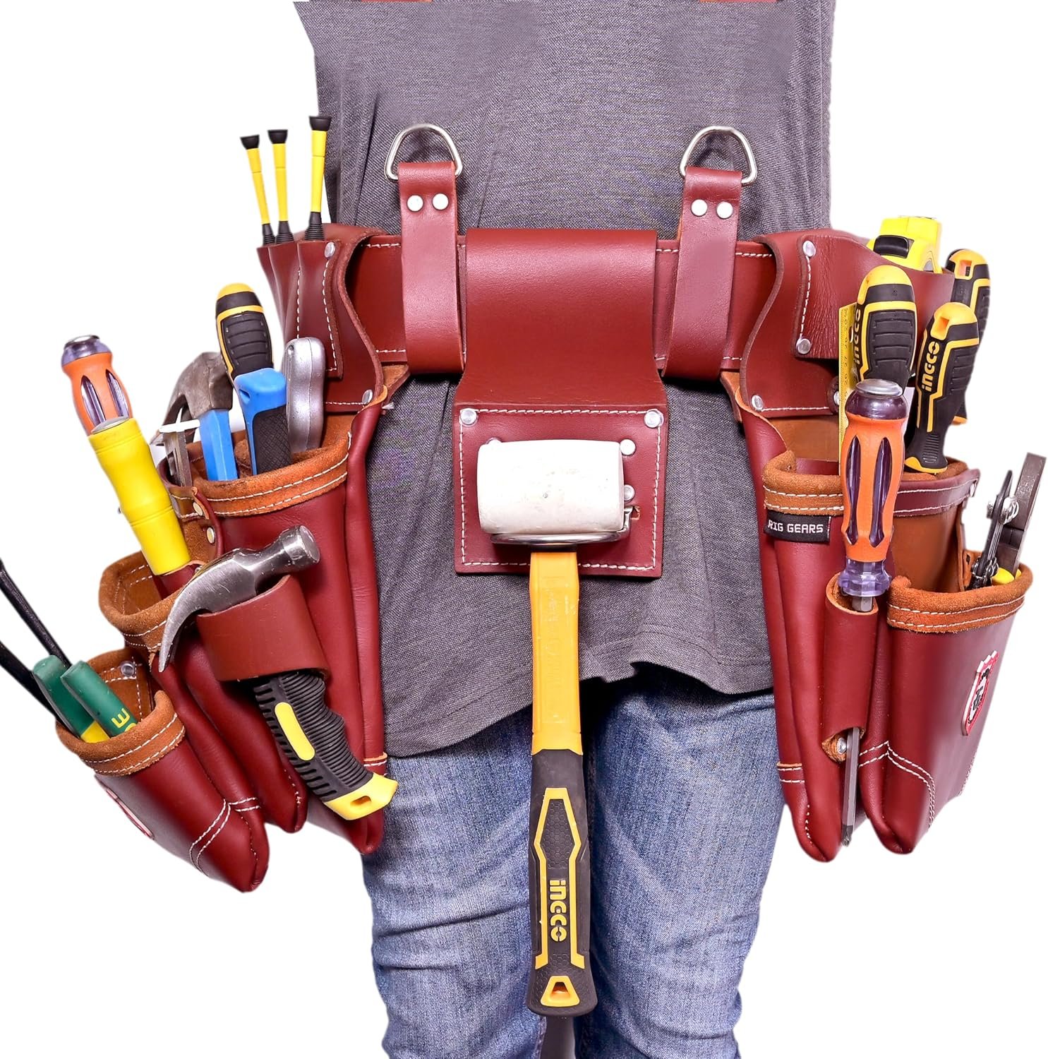 Leather Tool Belt with Suspender Detachable D-Loop Adjustable Padded Suspender Full Grain Oil Tanned Leather Work Belt for Construction, Carpenters, Electricians, Farming - Image 2