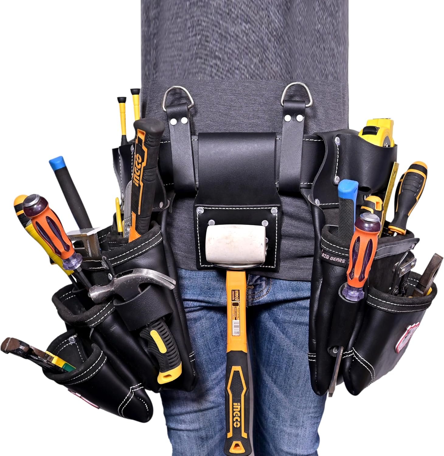 Leather Tool Belt with Suspender Detachable D-Loop Adjustable Padded Suspender Full Grain Leather Work Belt for Construction, Carpenters, Electricians, Farming Oil Tanned - Image 4