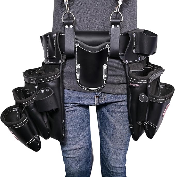 Leather Tool Belt with Suspender Detachable D-Loop Adjustable Padded Suspender Full Grain Leather Work Belt for Construction, Carpenters, Electricians, Farming Oil Tanned - Image 3